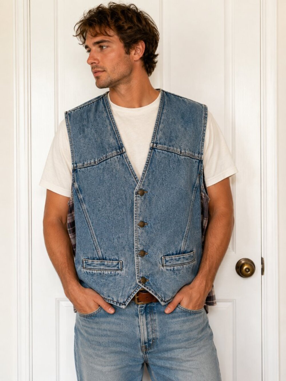 Vintage Ripple Creek Denim Vest XL Plaid Lined Western 90s ✨